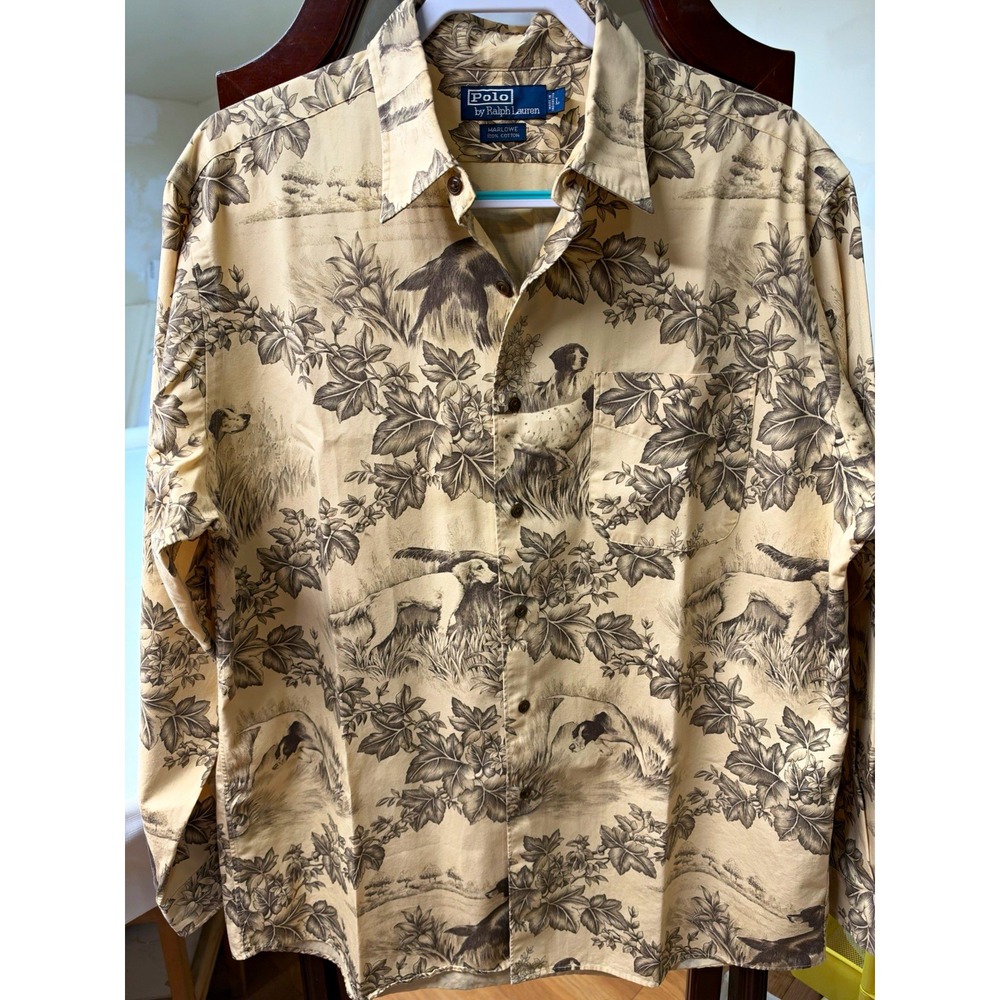 Polo Ralph Lauren Marlowe Men's L Beige Dog Print Long Sleeve Button-Up Pockets